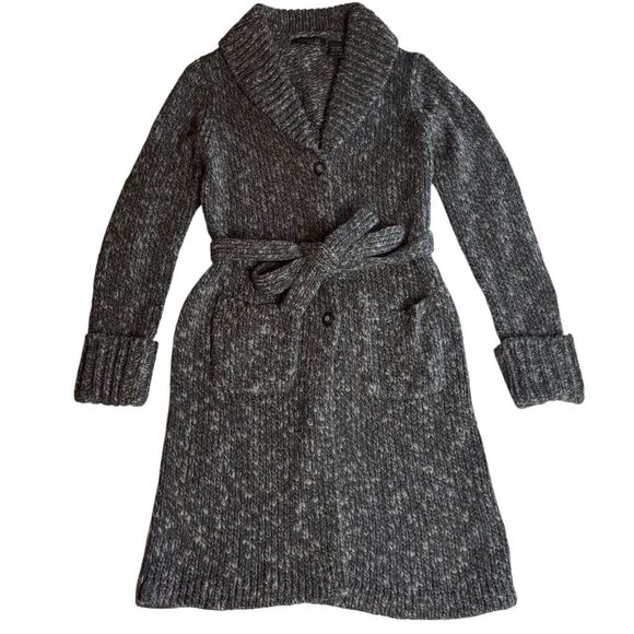 Vintage 90's Express Charcoal Grey Wool Blend Belted Longline Cardigan Sweater L - Picture 1 of 13